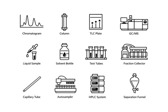 Laboratory equipment icons featuring chromatogram, tlc plate, hplc system, and more