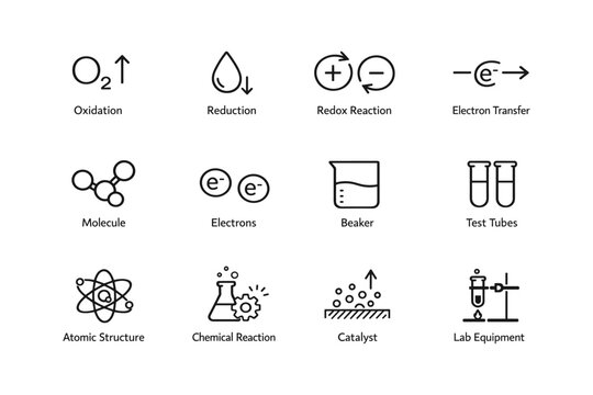 Chemical symbols and reactions overview with lab equipment illustrations