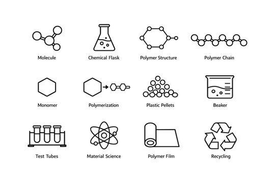 Material science icons: molecules, polymers, recycling, and laboratory equipment