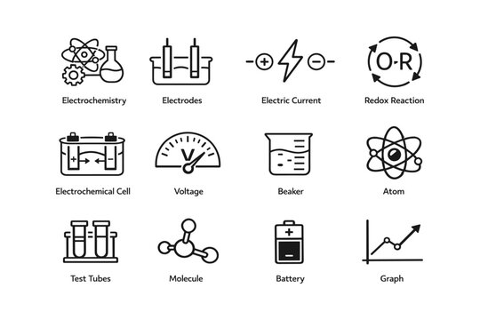 Electrochemistry icons: electrodes, electric current, redox reaction, voltage, molecule