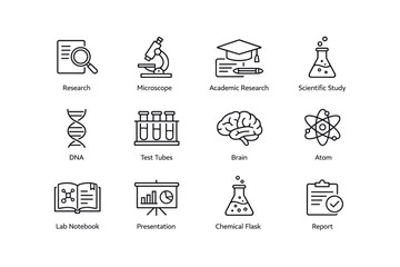 Fototapeta premium Scientific icons: microscope, test tubes, dna, chemical flask, academic research tools
