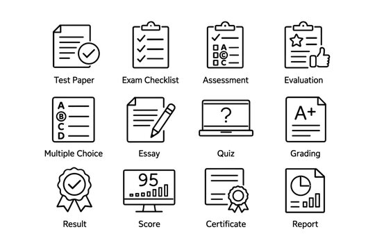 Exam assessment icons set: test paper, checklist, grading, quiz, certificate