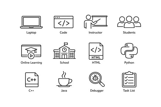 Educational technology icons featuring programming languages and learning tools
