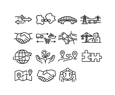 Cross-Border Icon Set. Cross Border Cooperation. Line icon set of Cross Border Cooperation: border crossing arrows, neighboring countries link, bridge between
