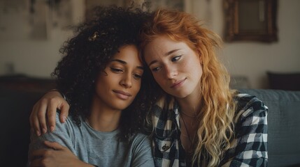Fototapeta premium Two women are hugging each other on a couch