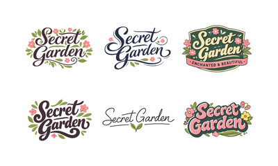 Garden Lettering Variations. Pastel garden-inspired lettering. Set lettering. harmonious lettering variations of the same emblematic concept, each with