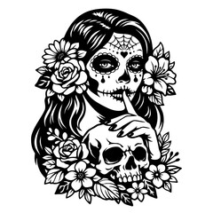 Fototapeta premium Beautiful Day of the Dead Sugar Skull Woman Portrait with Floral Crown and Roses, Mexican Catrina Girl Holding Skull Vector Illustration, Gothic Halloween Design Element
