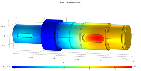 Computer 3d modeling of steel worm shaft of electrical reducer. Drawing of mechanical part. Technology diagram of machine building industry. Temperature distribution cad analysis. © TKalinovskaya