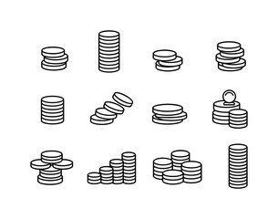 Coin Stack Icons. Coin Stack. Line icon set of Coin Stack: stacked coins, tall coin pile, short coin stack, uneven coins, aligned stack, falling coin stack,