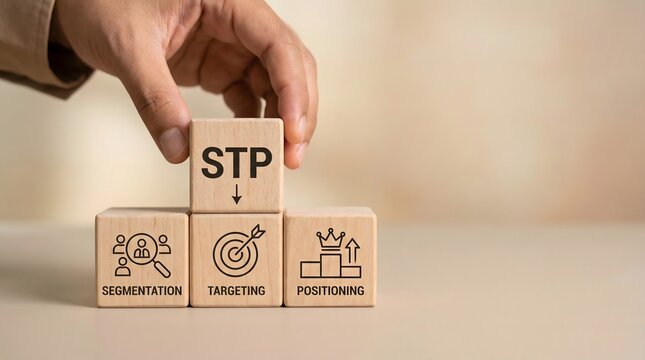 stp marketing strategy with wooden blocks