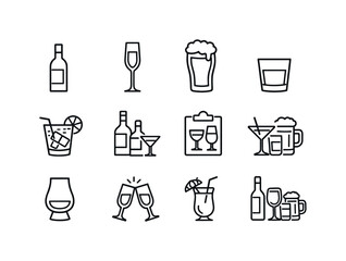Alcohol Icon Set. Alcohol beverages. Line icon set of Alcohol beverages: wine bottle, champagne flute, craft beer, liquor glass, mixed drink, alcohol