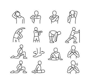 Stretching Exercise Icons. Doing stretches before a workout. Line icon set of Doing stretches before a workout: neck stretch, shoulder stretch, arm cross
