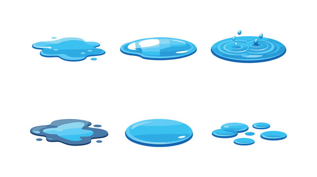 Isometric Puddle Icons. Puddles. Isometric flat vector icons set of puddles: shallow rain puddle, reflective water puddle, rippling puddle with