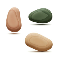 Fototapeta premium Three smooth, polished, natural stones with distinct textures and colors, isolated on a white background.