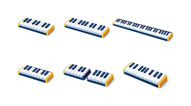 Colorful Keyboard Grid. Keyboard Sections. Isometric flat vector icons set of Keyboard Sections: two-octave keyboard, three-octave keyboard, full piano