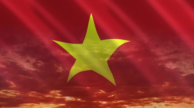 Flag of Vietnam waving against a vibrant sunset, creating a patriotic and inspiring atmosphere with warm tones.