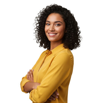 Smiling Black Woman with Curly Hair and Crossed Arms Isolated PNG with Transparent Background
