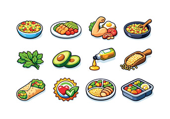 Quinoa Meal Icons. Quinoa Meal. Colorful isometric vector icons set of Quinoa Meal: quinoa with vegetables, plated dish, protein-rich icon, quinoa stir-fry,