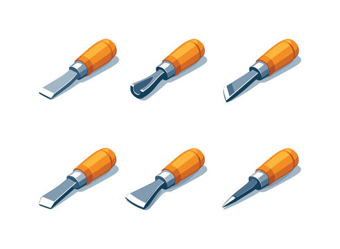 Colorful Chisel Icons. Chisels. Isometric flat vector icons set of Chisels: flat chisel blade, U-gouge chisel, V-gouge chisel, skew chisel, fishtail chisel,
