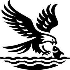 Fototapeta premium Eagle with fish: Capturing the power and grace of the iconic eagle in this captivating silhouette. The eagle, a symbol of freedom and strength, soars with a fish in its talons over stylized water.