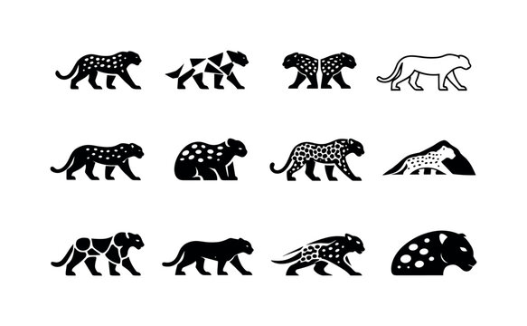 Leopard Logo Variations. Leopards. Icon set. Set Logo of Leopards: spotted leopard silhouette. harmonious logo variations of the same emblematic concept, each