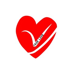 A bold red heart emblem featuring a curved white ribbon and the words True Love. This graphic conveys romance, devotion, and affection, ideal for Valentine campaigns, gifts, or love-theme branding.