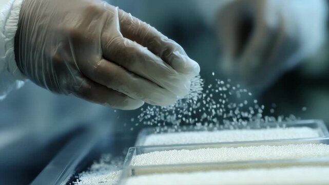 Medium shot focusing on the quality control inspection of biobased plastic samples before compostable recycling treatment.