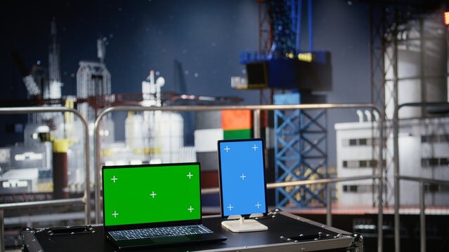 Green and blue screen on devices support offshore drilling rig calibration and logistics through automation software. Improving petroleum extraction in the oil and gas industry.