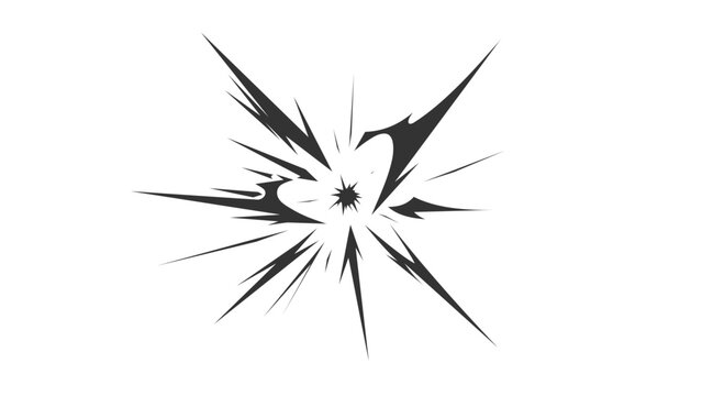 Abstract white background with black sharp explosion symbol forming compact comic style burst. Jagged impact lines radiating from the center, creating dynamic energy effect, suitable for action.