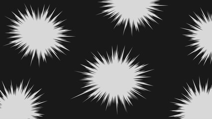 Chaotic arrangement of comic style radial impact bursts with sharp white spikes on black background. Dynamic manga explosion effects scattered across the composition. © Oleg