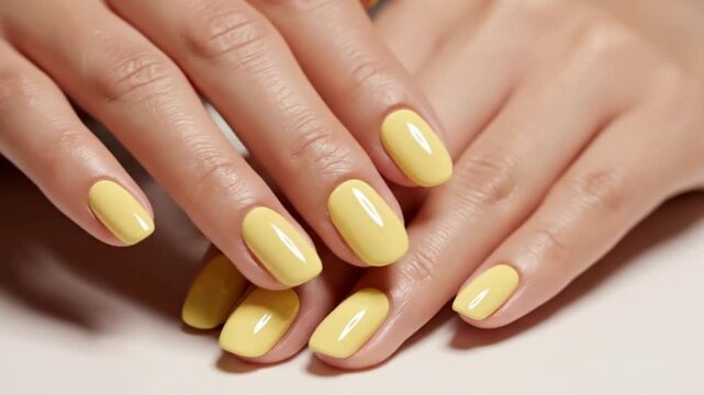 Two hands with yellow polished oval nails are placed on a light surface