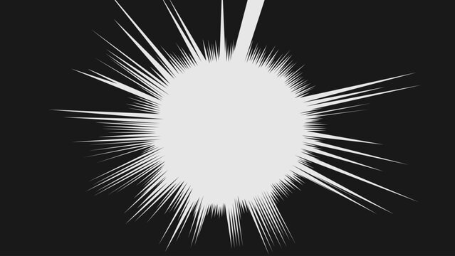 Comic style central burst with sharp white speed lines radiating from the center on black background. Suitable for manga, anime, action scenes.