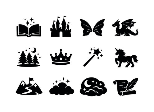 Fairy Tale Icons. Fairy tale time. Solid icon set of Fairy tale time: magic book, castle silhouette, fairy wings, dragon icon, enchanted forest, story crown,