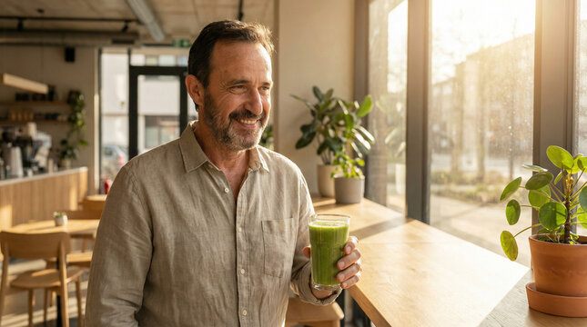 Smiling man drinking green smoothie in modern cafe with sunlight  