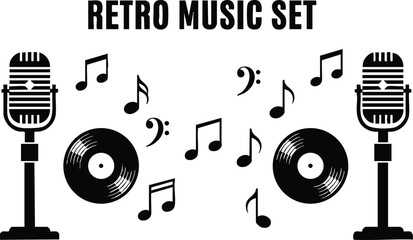Obraz premium Black retro microphone and vinyl record set with music notes on white background minimalist vector art design collection of vintage sound icons and musical symbols