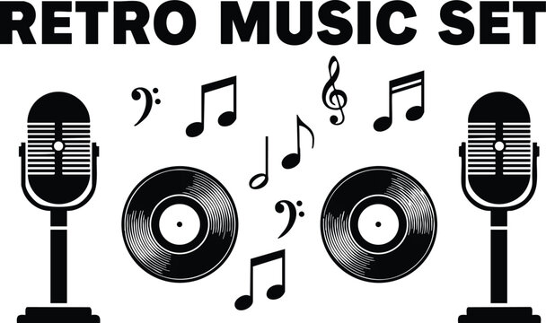 Black and white retro music set featuring vintage microphones vinyl records and musical notes in a minimalist vector design style isolated on white background