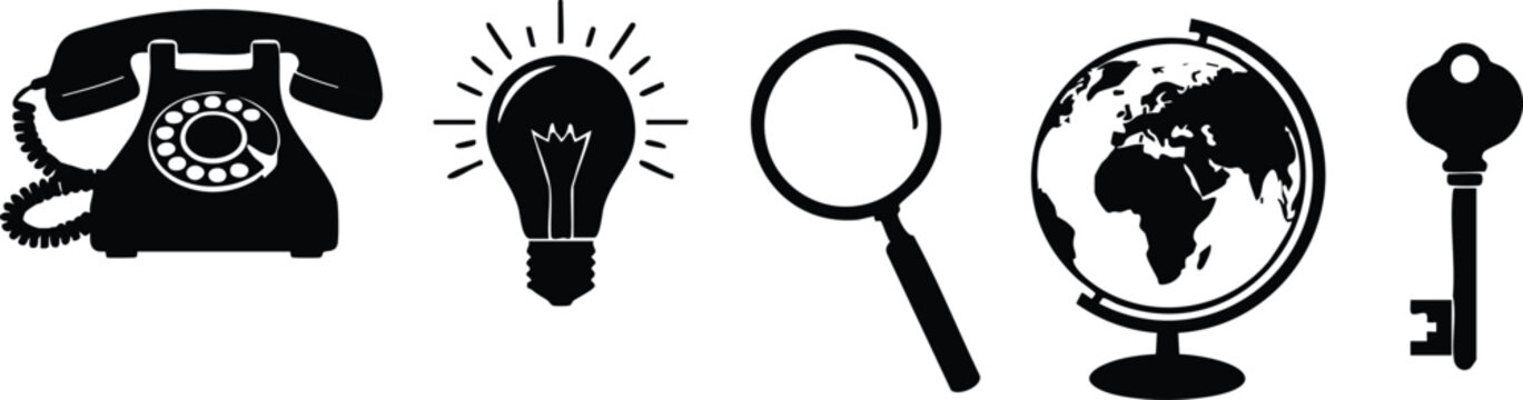 Black silhouette icons of old rotary phone glowing light bulb magnifying glass globe and vintage key in simple flat style isolated on white background