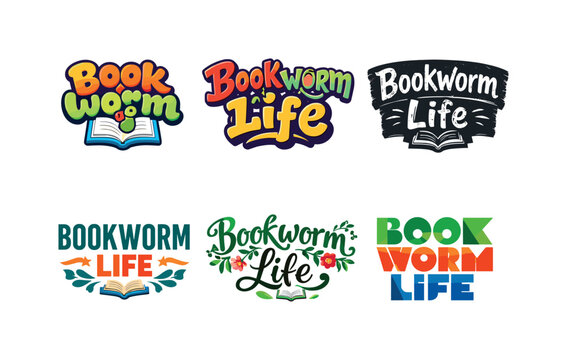 Bookworm Lettering Variations. Bookworm life lettering. Set lettering. harmonious lettering variations of the same emblematic concept, each with different