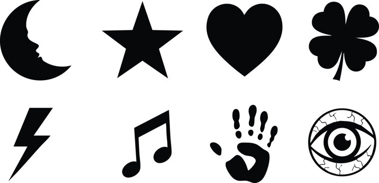 Minimalist black silhouette vector icons including crescent moon face star heart clover lightning music note handprint and eye symbols on white background