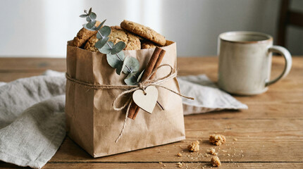 Cookie gift in kraft paper bag with decoration on wooden table  