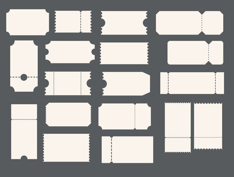 This vector illustration features a comprehensive collection of blank ticket and coupon templates, showcasing various shapes, sizes, and perforated edges for use in design projects related to events, 