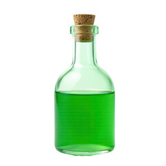 A bottle filled with green liquid and topped with a cork stopper