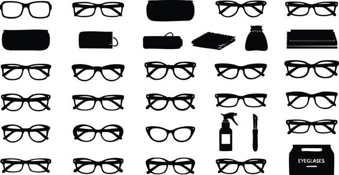 Black silhouette collection of eyeglasses and accessories including case spray pen cleaning cloth with various styles front view simple detailed icon set in vector art