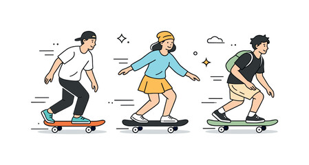 Fototapeta premium Skateboarding Freedom. Teenagers skateboarding movement. Skateboarders rolling forward with smooth motion and balance. Sense of freedom and everyday active