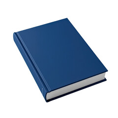 A closed blue book with white pages placed on a white surface