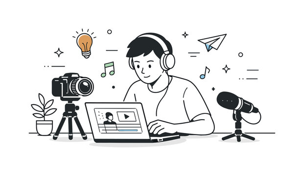 Digital Content Creation. Content creator at work. Person filming or editing video on a laptop with camera, tripod, or microphone nearby, focused expression in