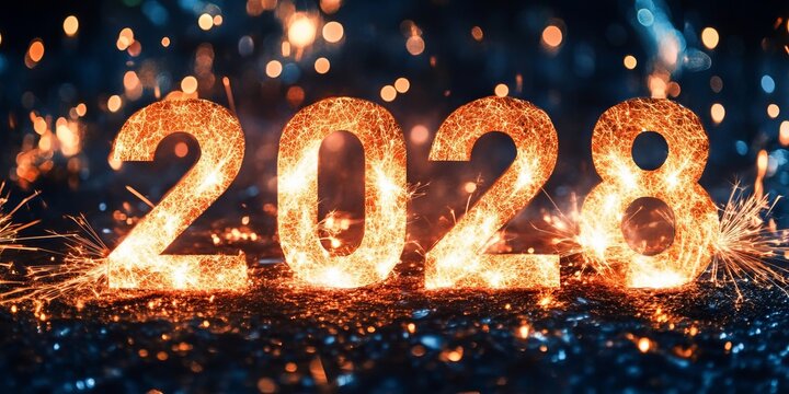 2028 New Year Celebration with Sparkling Numbers, Fireworks, and Golden Glitter Background Theme