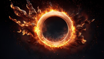 Big Circle With Flames Burning A Huge Fire Exploded Sparks On A Dark Background
