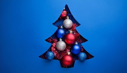 Christmas Tree Shape Cutout Revealing Shiny Red And Blue Holiday Ornament Baubles And Tinsel Against A Solid Deep Blue Background For Festive Celebration