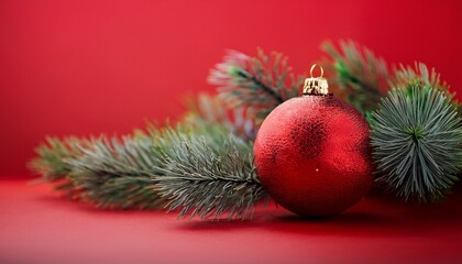 Red Christmas Ornament And Pine Branch Garland On Red Background